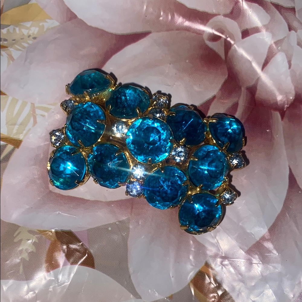 Blue and Gold Gemstone Cluster Brooch